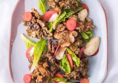 Fried Kalettes with Pickled Carrots and Romaine Lettuce
