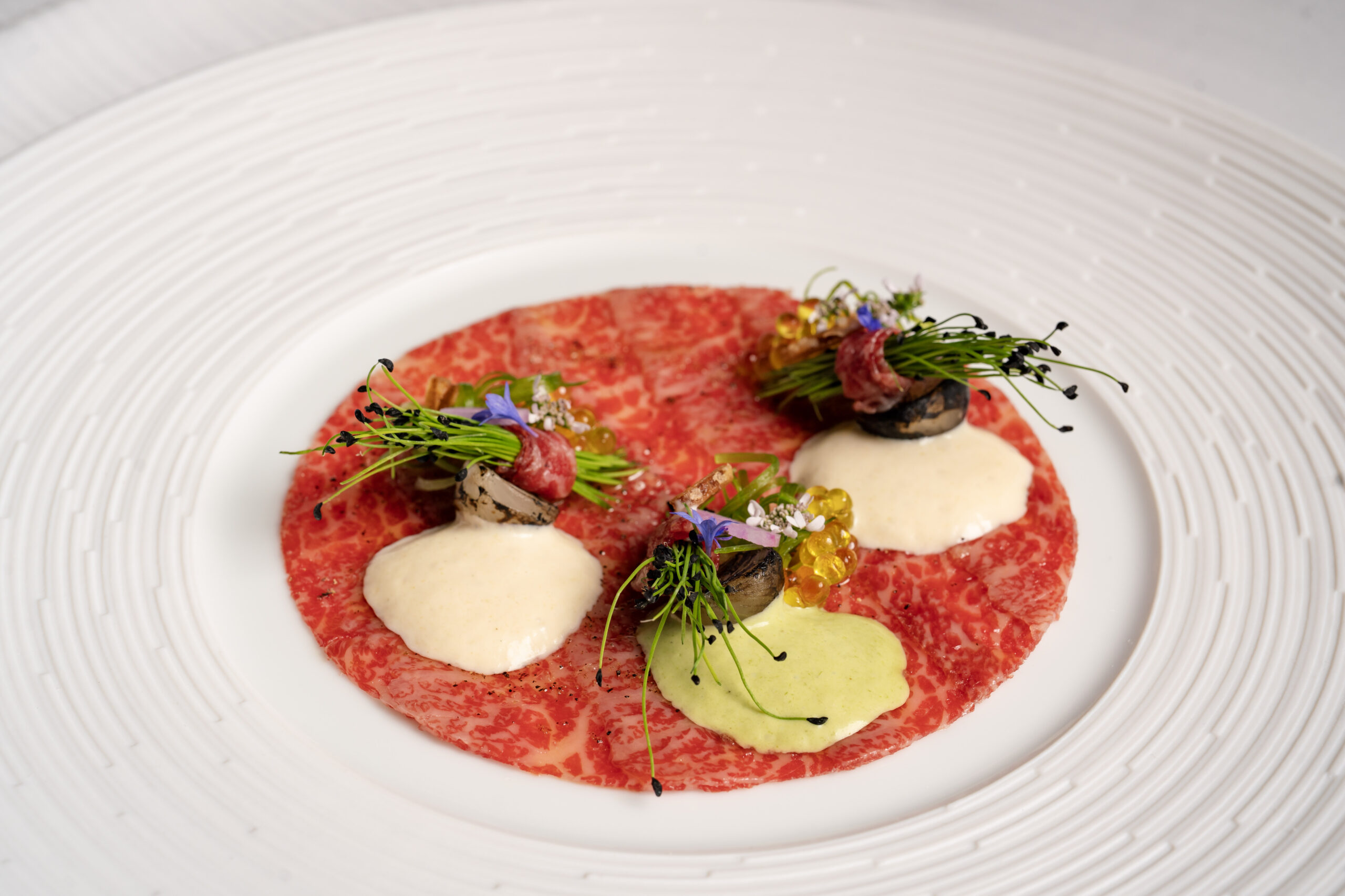 Alliums from The Chef's Garden (Memo Chives): A-5 Brisket Carpaccio from Chef Alejandro Placeres