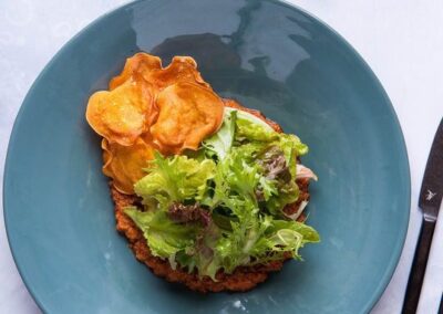 Carrot Romesco, Green Salad, Sweet Potato Chips
