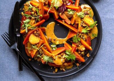 Poached Beets with Curry Dressing and Pistachios
