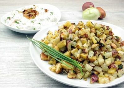 Kohlrabi Hash with Caramelized Onions Dip