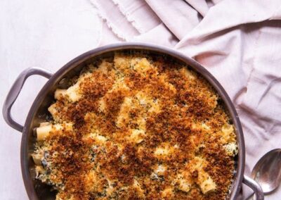 Baked Rigatoni with Garlic, Artichoke, and Wilted Greens
