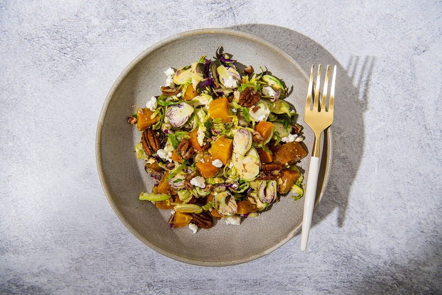 Shaved Brussels Sprouts with Roasted Beets, Pecans and Goat Cheese