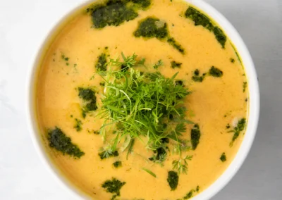 Winter Root Vegetable Soup with Kale Pesto
