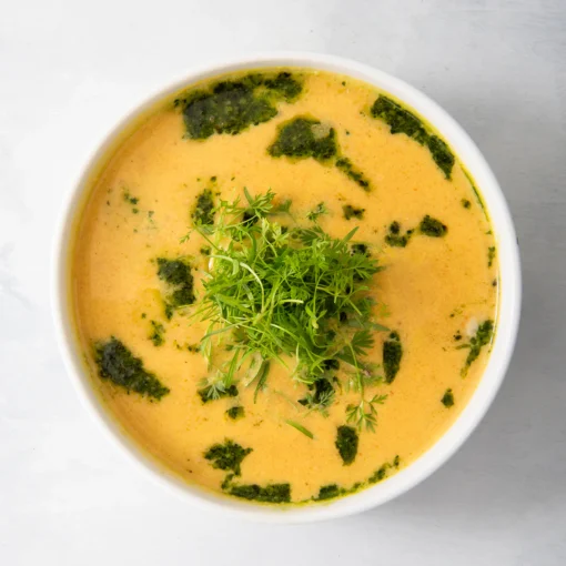 Winter Root Vegetable Soup with Kale Pesto